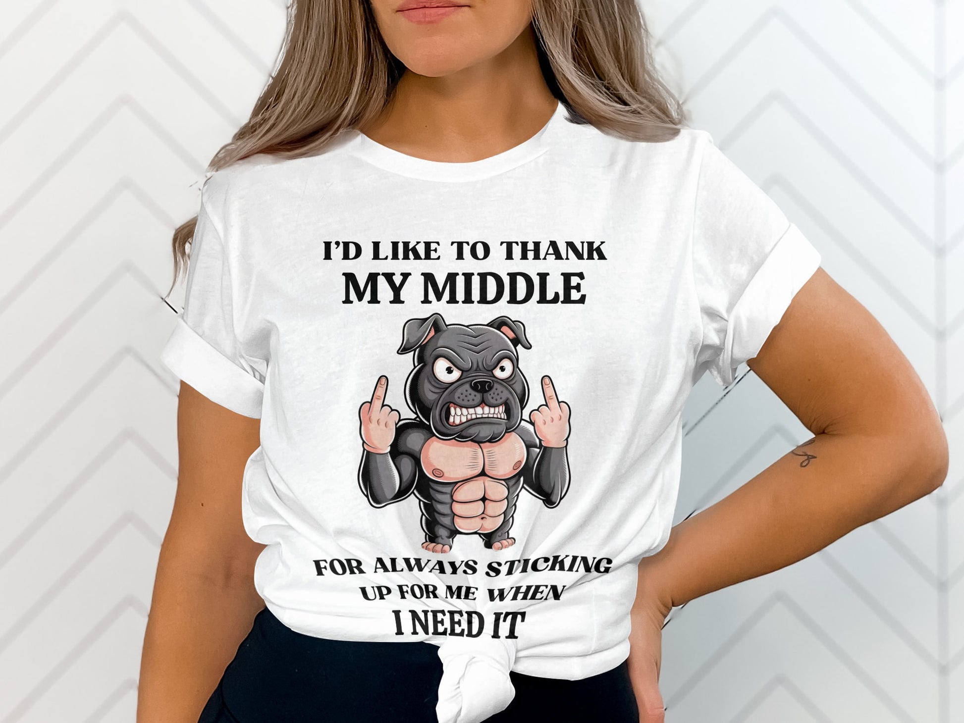 White t-shirt with a bulldog graphic and text about its middle.