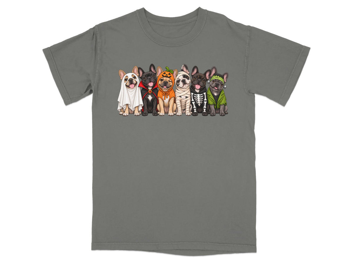 Six French bulldogs in Halloween costumes: ghost, vampire, pumpkin, mummy, skeleton, and Frankenstein.