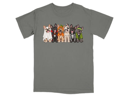 Six French bulldogs in Halloween costumes: ghost, vampire, pumpkin, mummy, skeleton, and Frankenstein.
