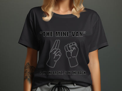 Black t-shirt with "The Mini-Van", hands making peace/fist signs, and text.