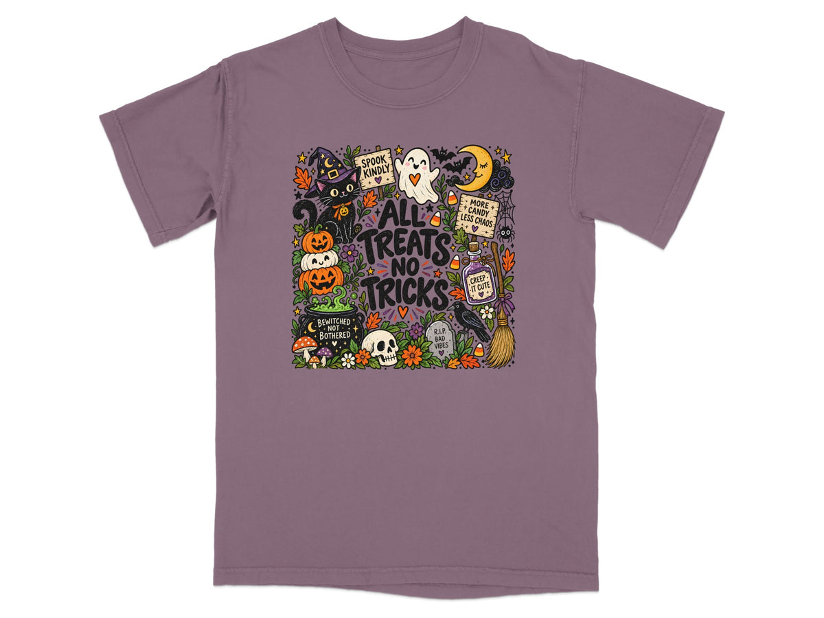 Halloween graphic with black cat, pumpkins, ghost, and text "ALL TREATS NO TRICKS".