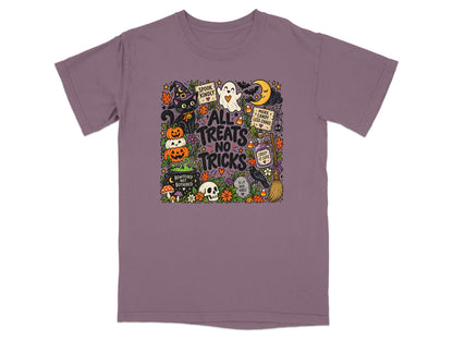 Halloween graphic with black cat, pumpkins, ghost, and text "ALL TREATS NO TRICKS".