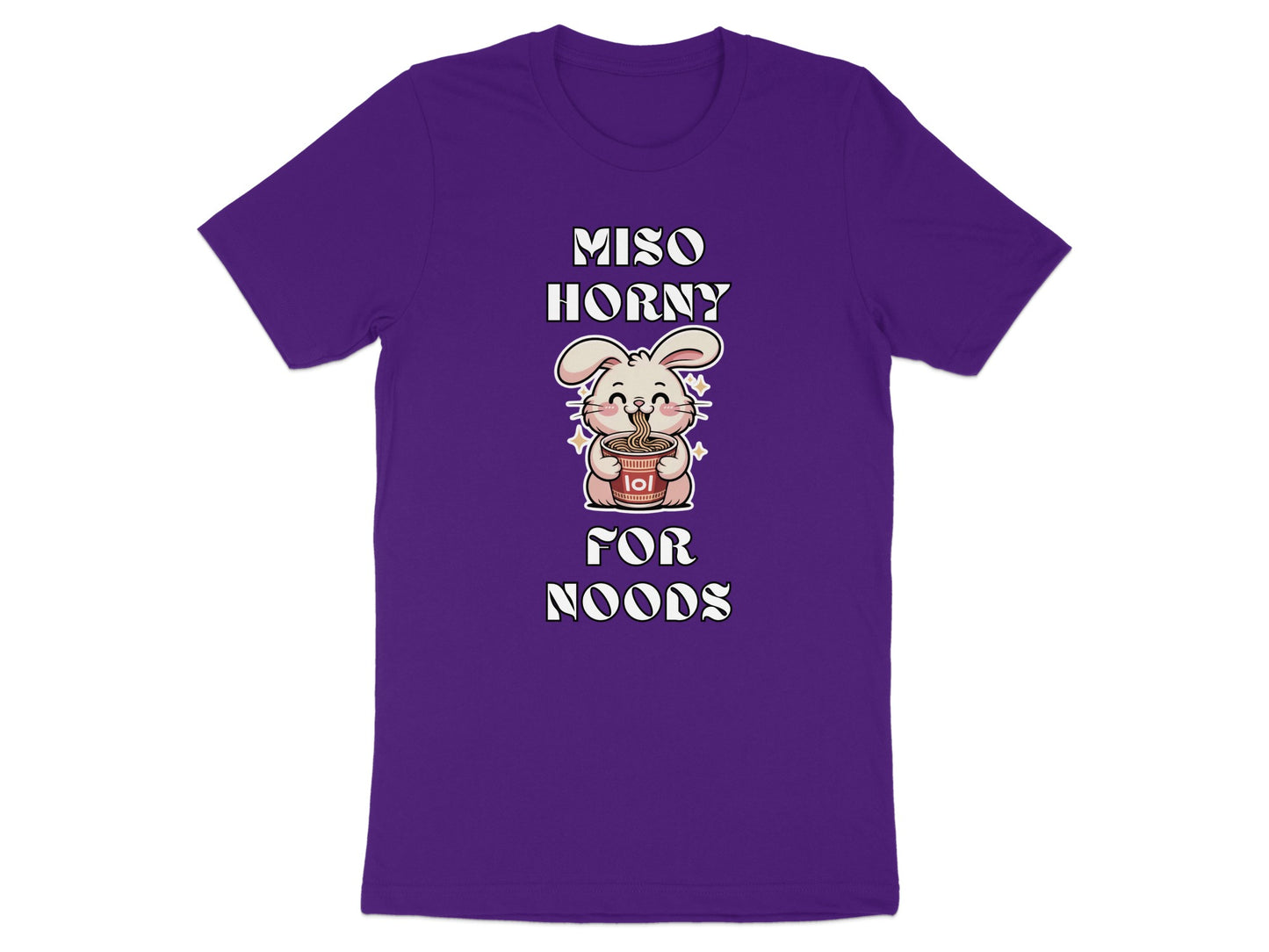Purple t-shirt with text "MISO HORNY FOR NOODS" and a cartoon rabbit eating ramen.