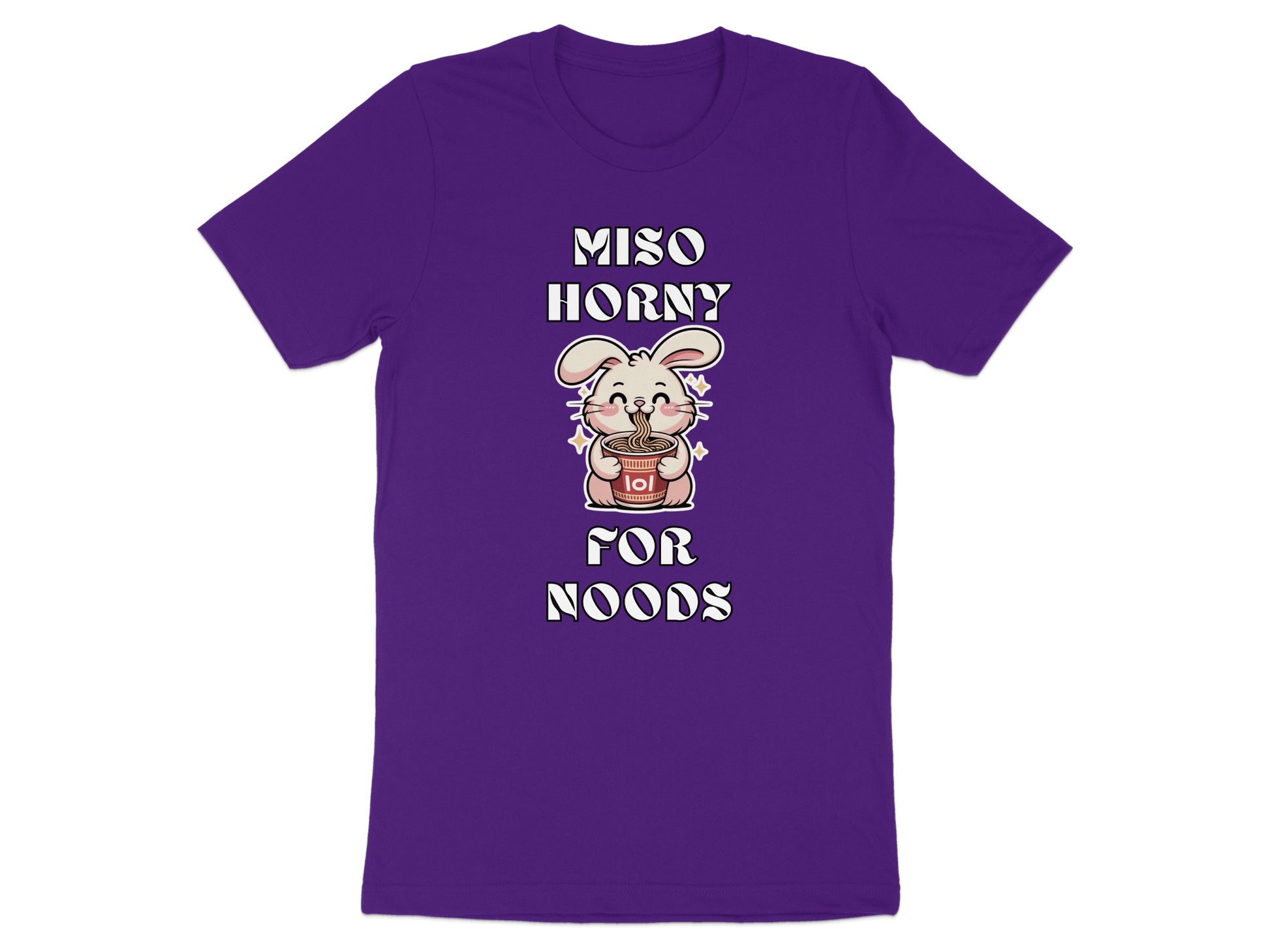 Purple t-shirt with text "MISO HORNY FOR NOODS" and a cartoon rabbit eating ramen.