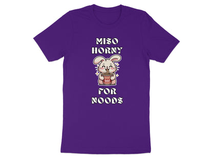 Purple t-shirt with text "MISO HORNY FOR NOODS" and a cartoon rabbit eating ramen.