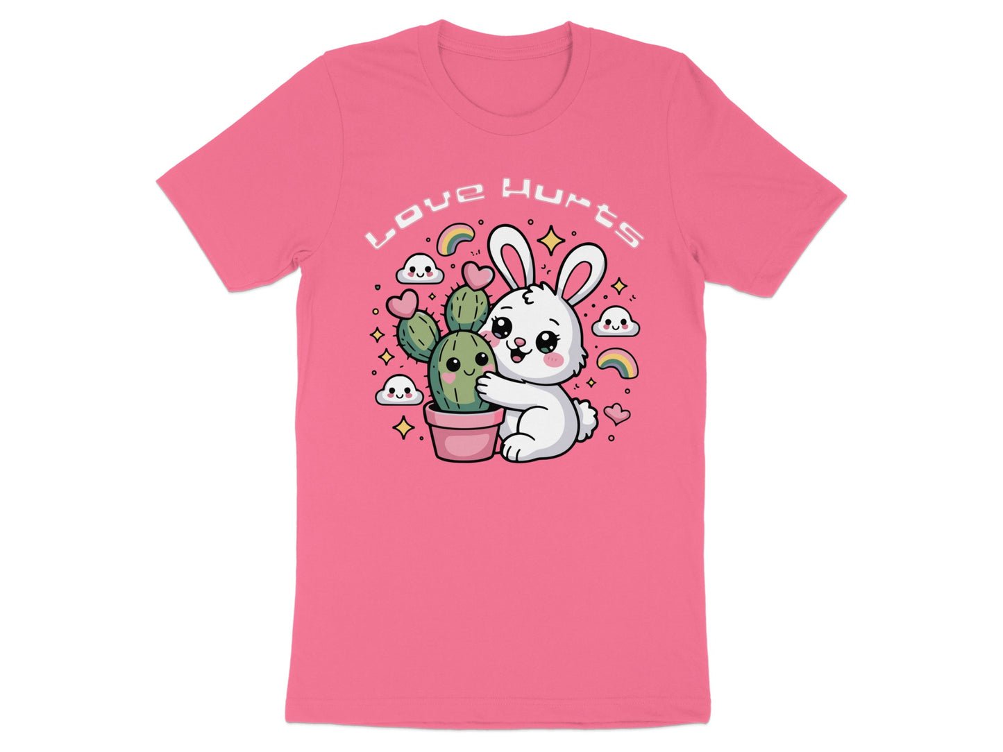 White rabbit hugs a cactus with "Love Hurts" text above.