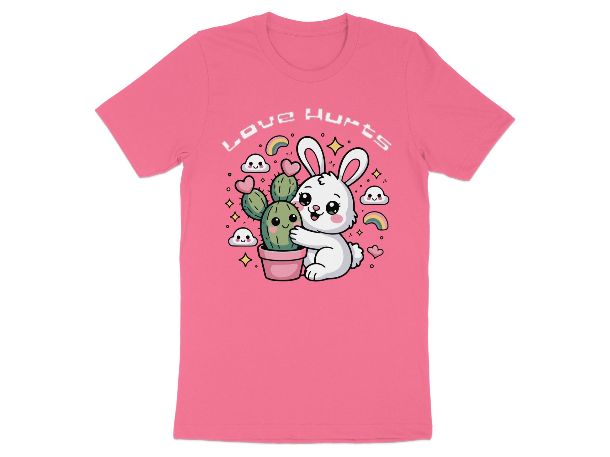 White rabbit hugs a cactus with "Love Hurts" text above.