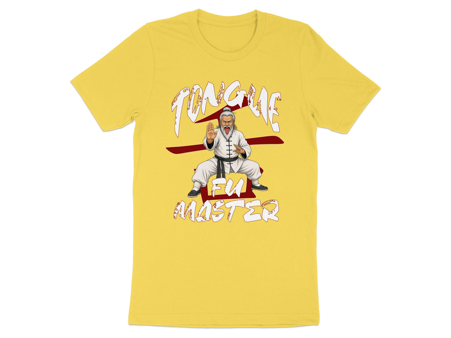 Yellow t-shirt with "TONGUE FU MASTER" text and a martial artist figure.
