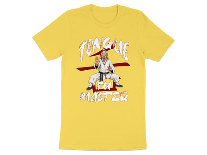 Yellow t-shirt with "TONGUE FU MASTER" text and a martial artist figure.