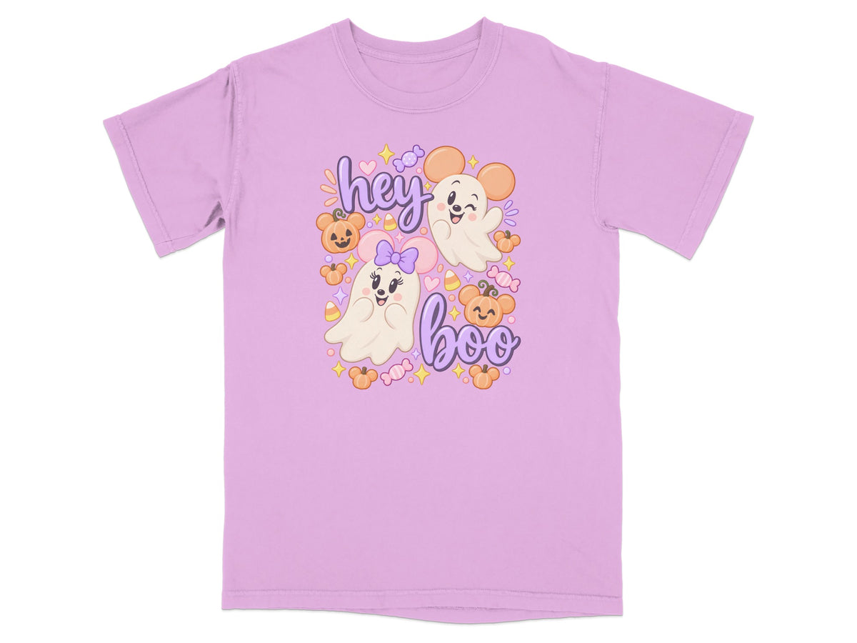 Lavender t-shirt with Halloween ghosts, pumpkins, candy corn, and text "hey boo".