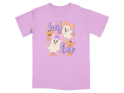 Lavender t-shirt with Halloween ghosts, pumpkins, candy corn, and text "hey boo".