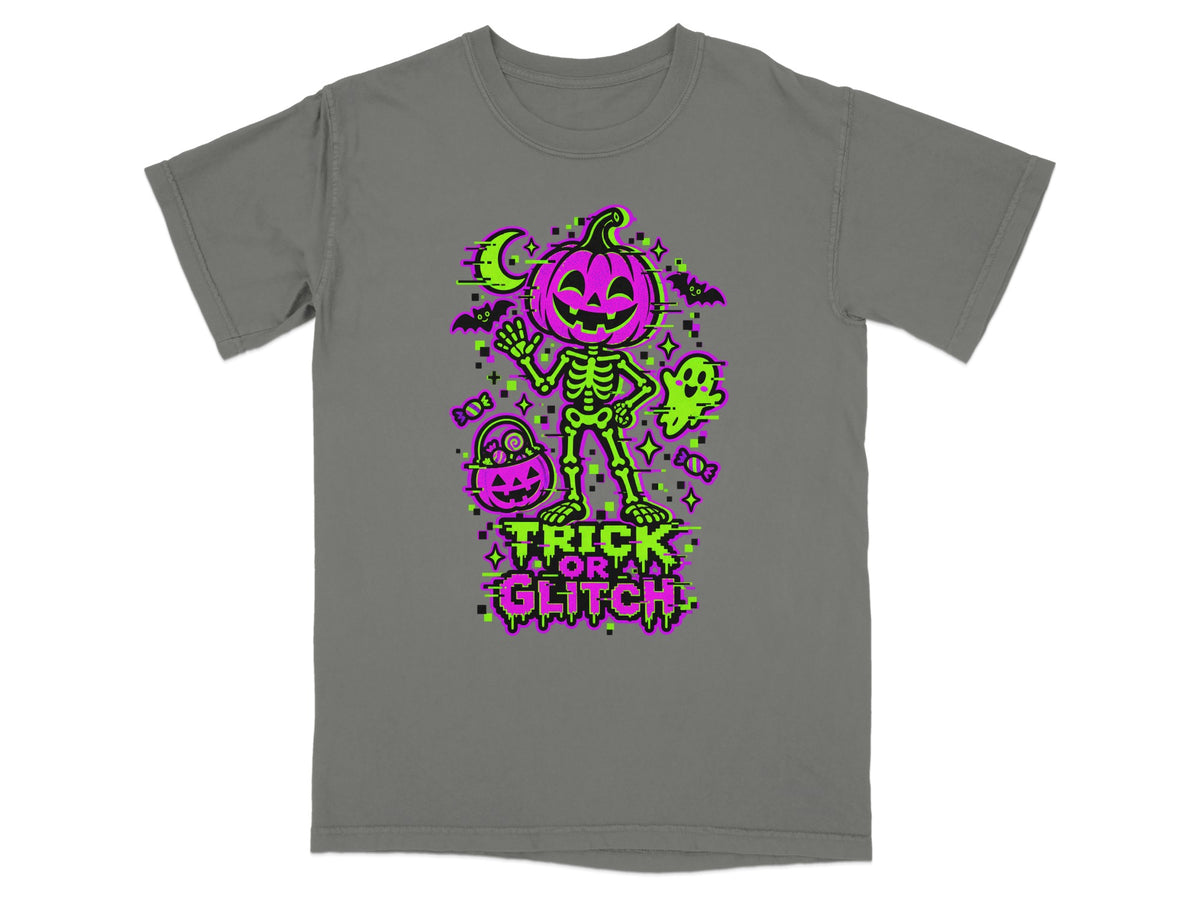 Skeleton with pumpkin head, ghost, candy, and text "Trick or Glitch".