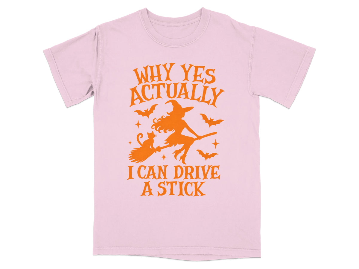Pink t-shirt with orange graphic: "WHY YES ACTUALLY" above a witch, cat, and bats.