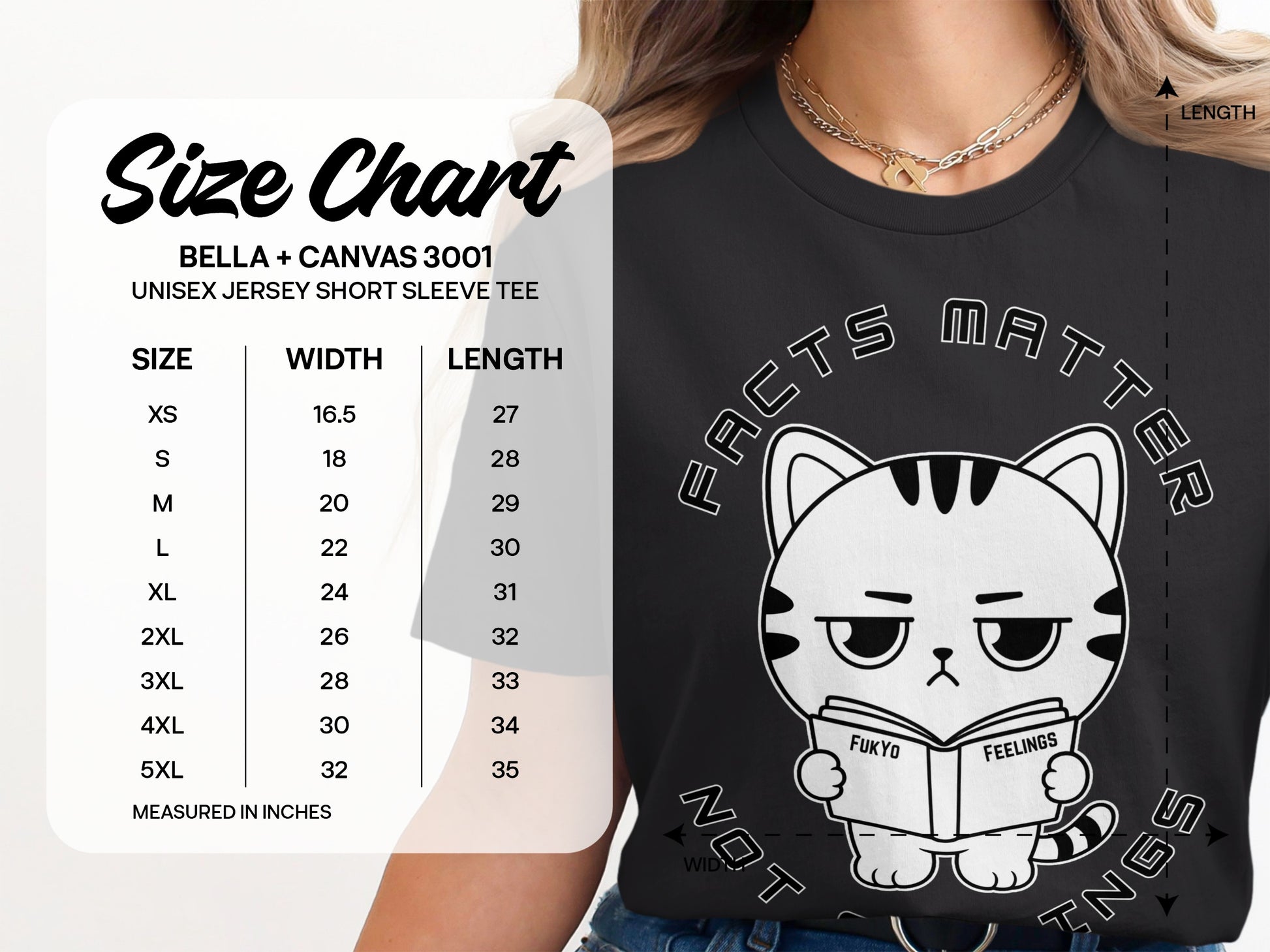 Bella + Canvas 3001 size chart with a "Facts Matter" graphic of a cat reading.