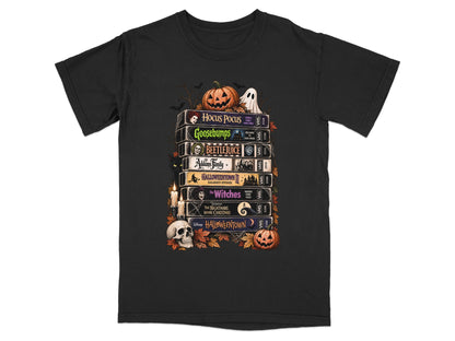 Stack of VHS tapes featuring Hocus Pocus, Goosebumps, Beetlejuice, and Halloween Town.
