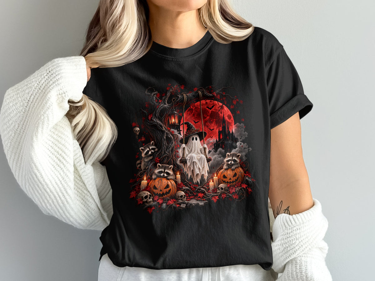 Halloween graphic with ghost on swing, pumpkins, raccoons, skulls, and red moon.