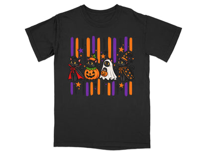 Four Halloween-themed black cats in costumes with pumpkins and stars.