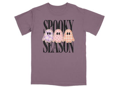 Purple t-shirt with "Spooky Season" text and three patched ghosts.