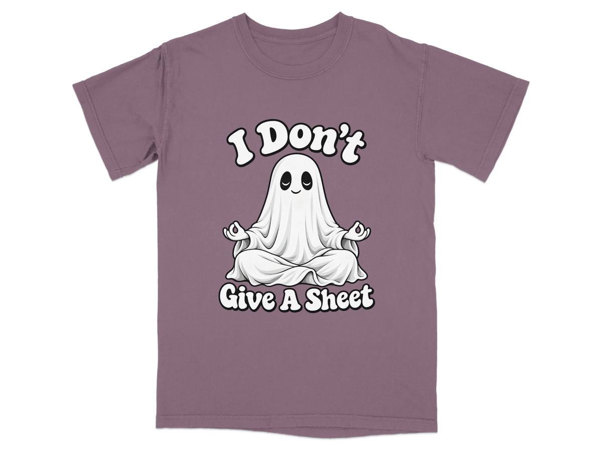 Ghost meditating on t-shirt with text "I Don't Give A Sheet".