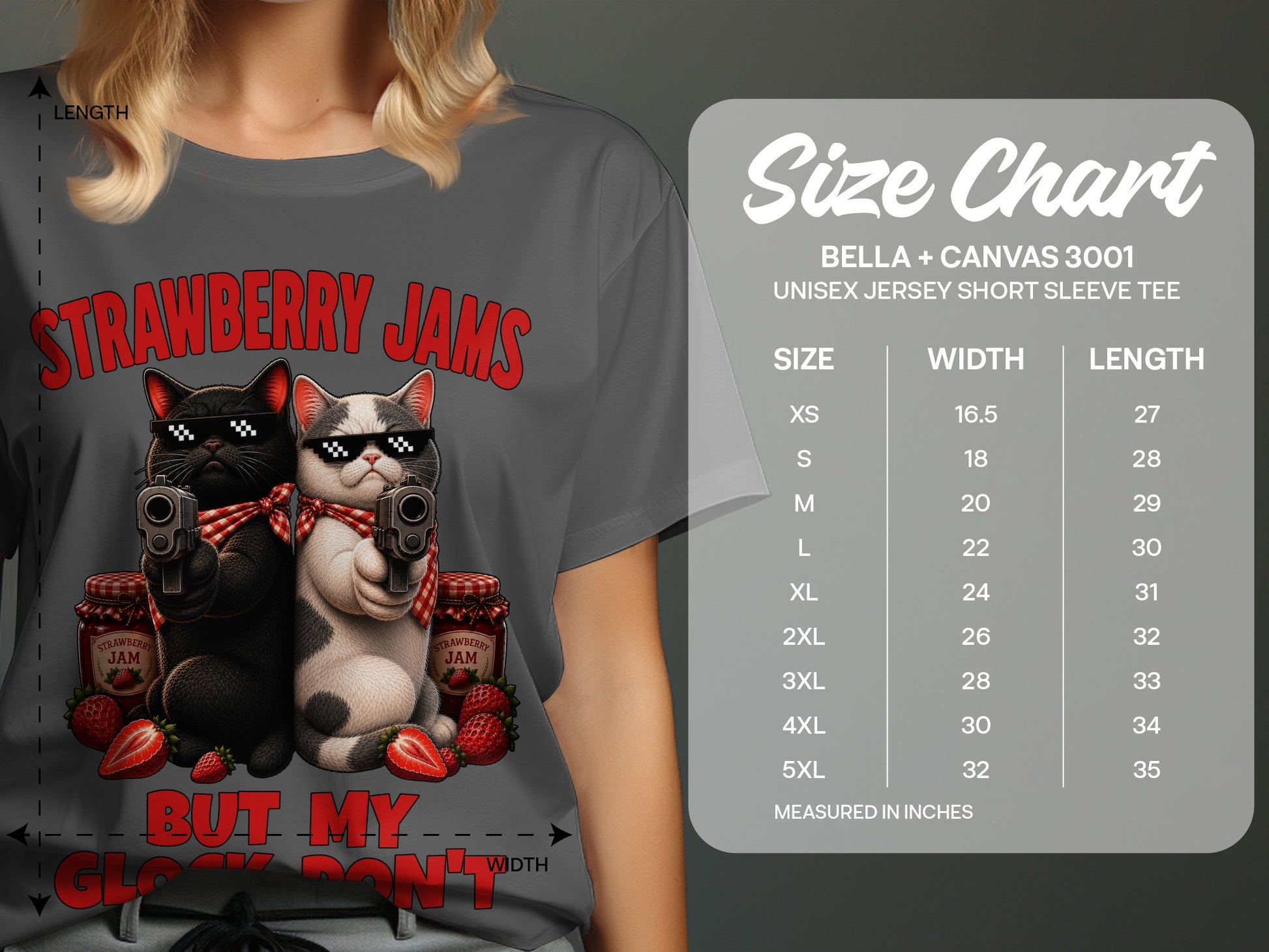 T-shirt with two cats holding guns, strawberry jam jars, and text "STRAWBERRY JAMS".