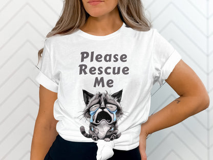 White t-shirt with "Please Rescue Me" and a crying cartoon cat graphic.