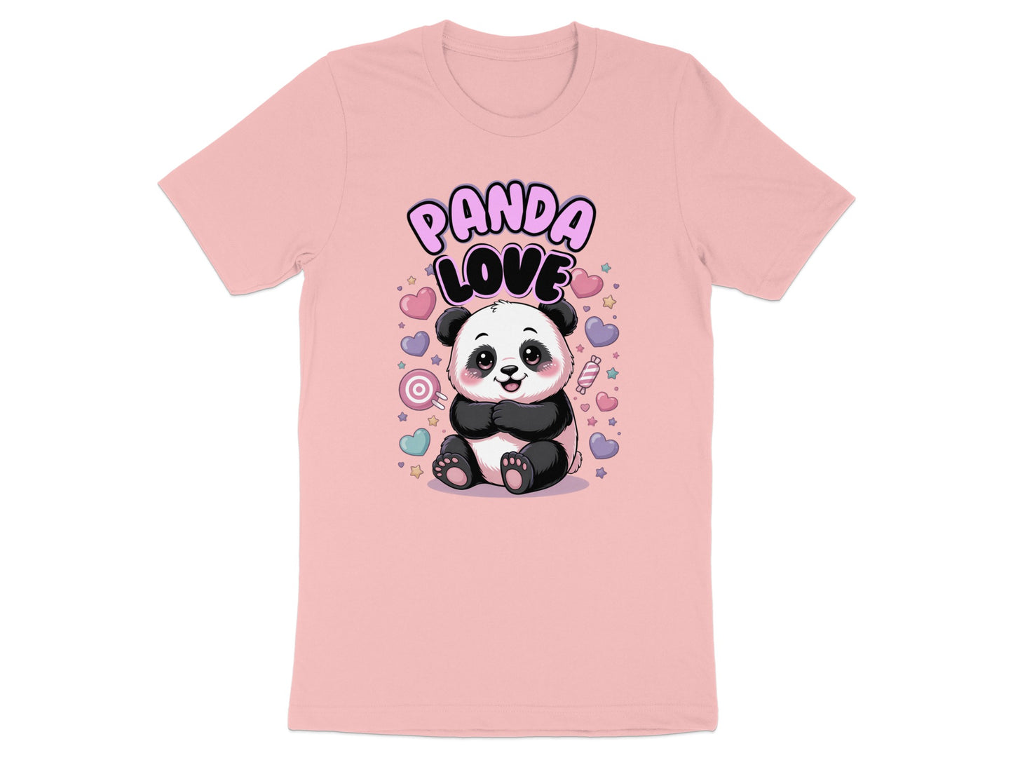 Pink t-shirt with cartoon panda and "Panda Love" text surrounded by hearts.