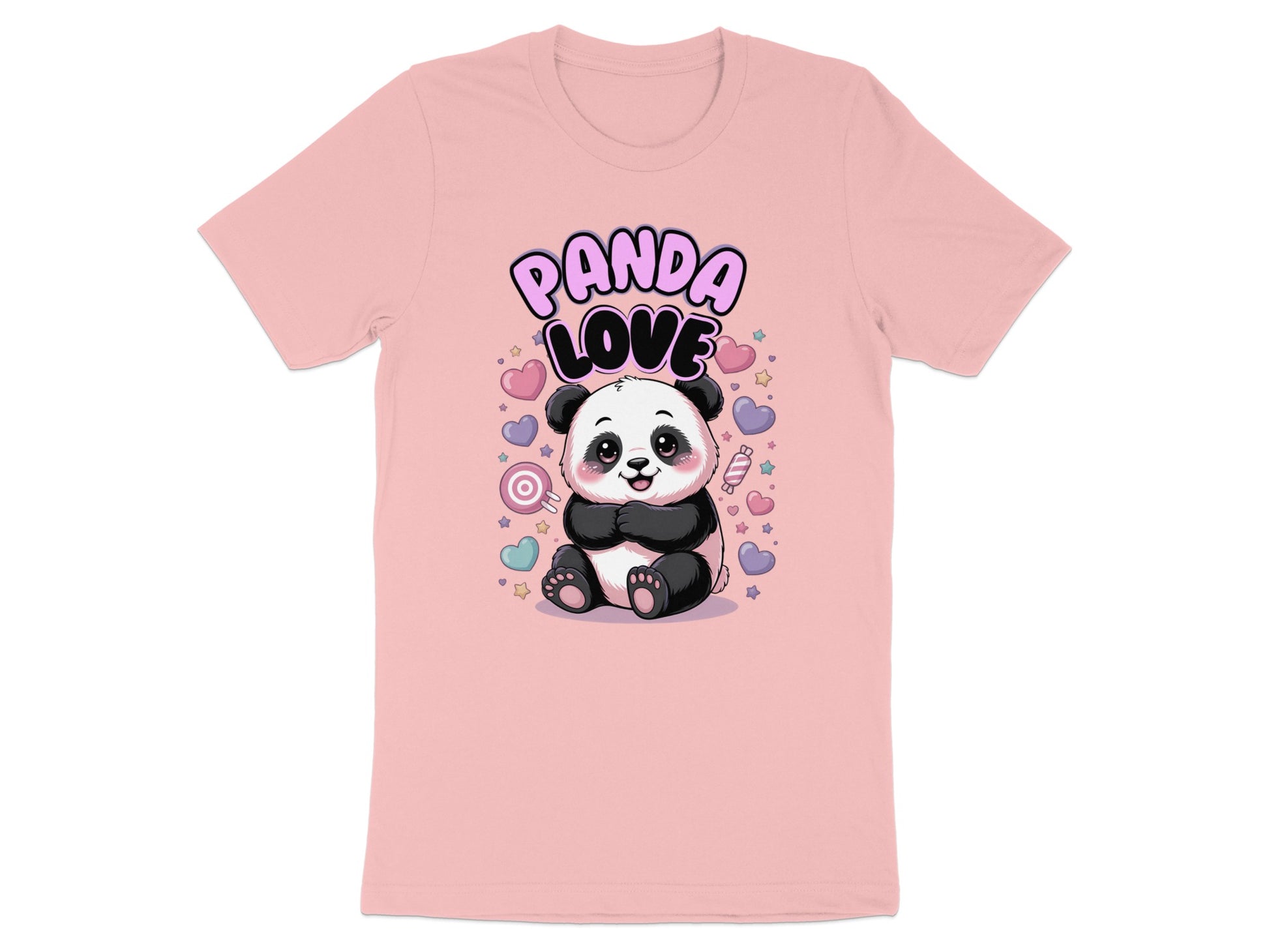 Pink t-shirt with cartoon panda and "Panda Love" text surrounded by hearts.