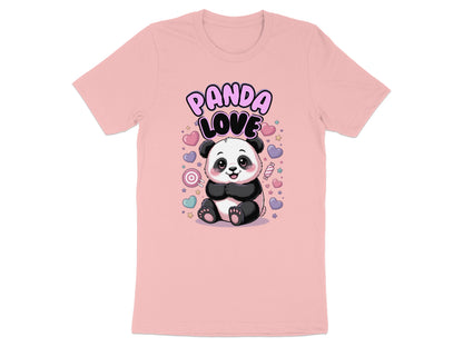Pink t-shirt with cartoon panda and "Panda Love" text surrounded by hearts.