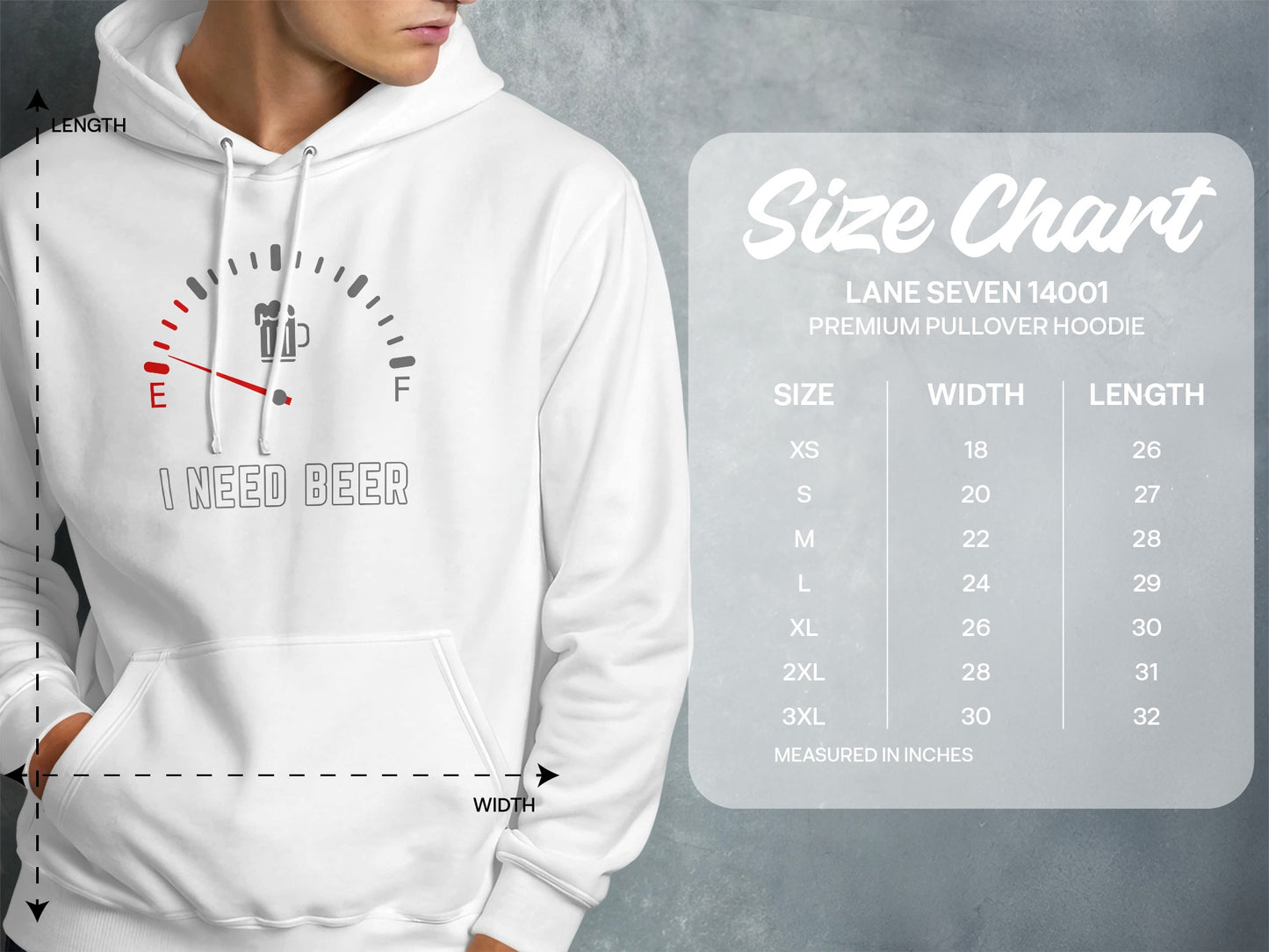 White hoodie with "I Need Beer" graphic and size chart details.