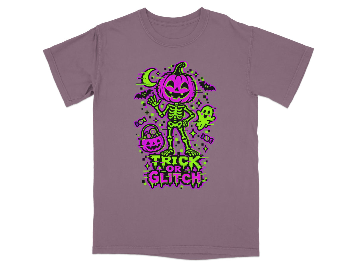 Skeleton with pumpkin head, ghost, bats, and "Trick or Glitch" text.