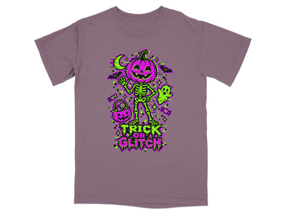 Skeleton with pumpkin head, ghost, bats, and "Trick or Glitch" text.