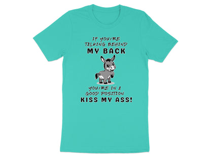 Teal t-shirt with cartoon donkey and text "Kiss My Ass!".