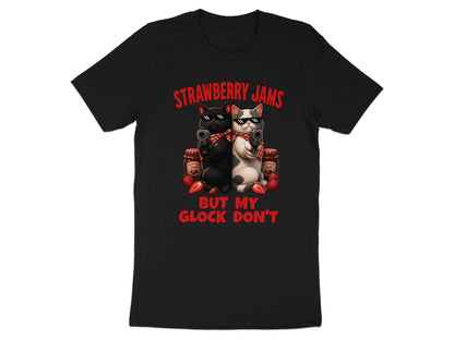 Black t-shirt with cartoon cats, strawberry jam jars, and guns. Text reads "Strawberry Jams But My Glock Don't".