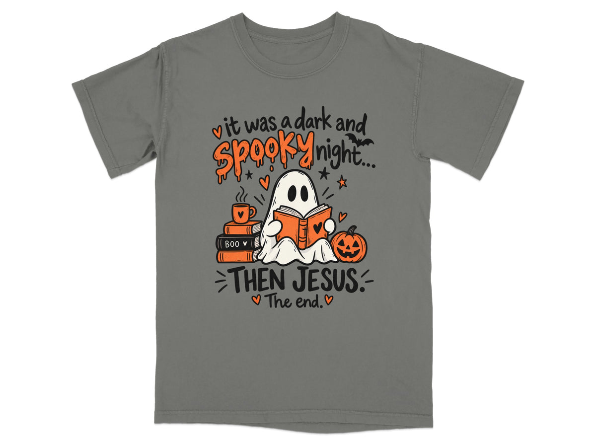 A ghost reads a book with "It was a dark and spooky night..." and "Then Jesus. The end."