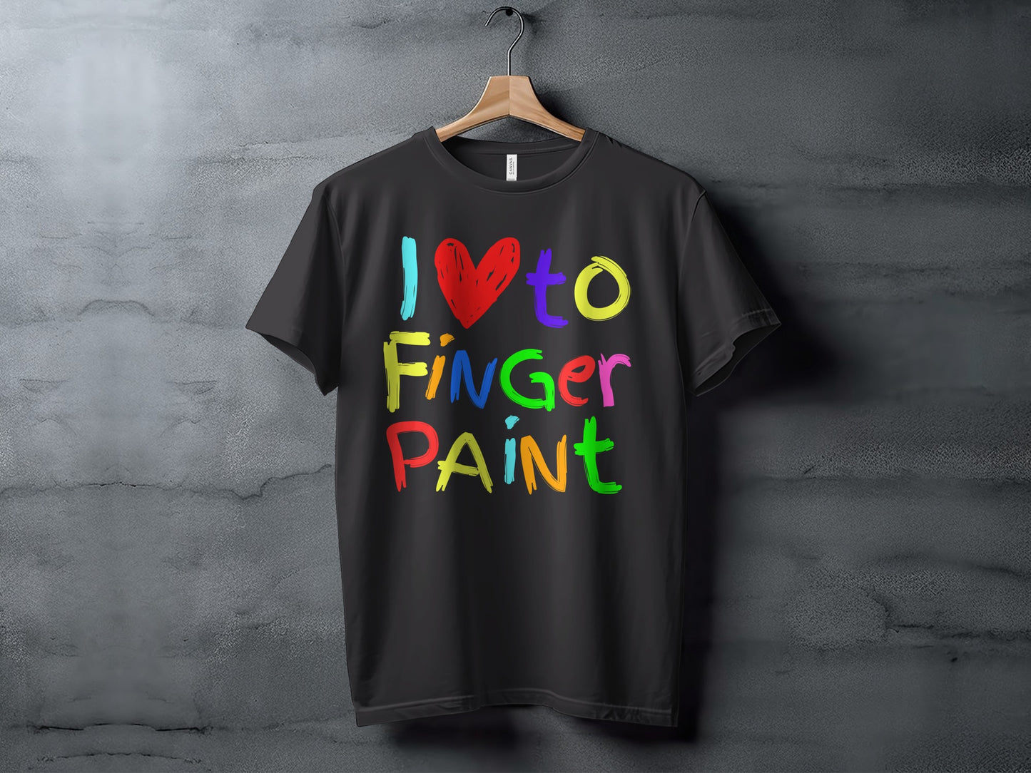 Black t-shirt with colorful text "I ❤️ to FINGER PAINT" on a gray background.