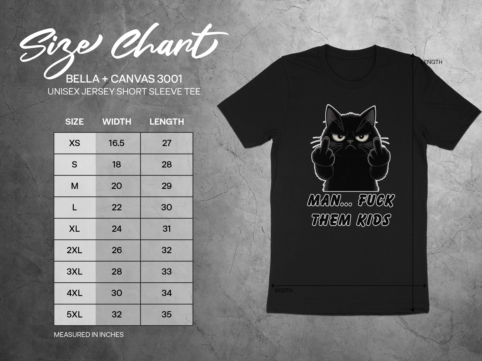 Black t-shirt with angry cat graphic and "Man... Fuck Them Kids" text, size chart included.