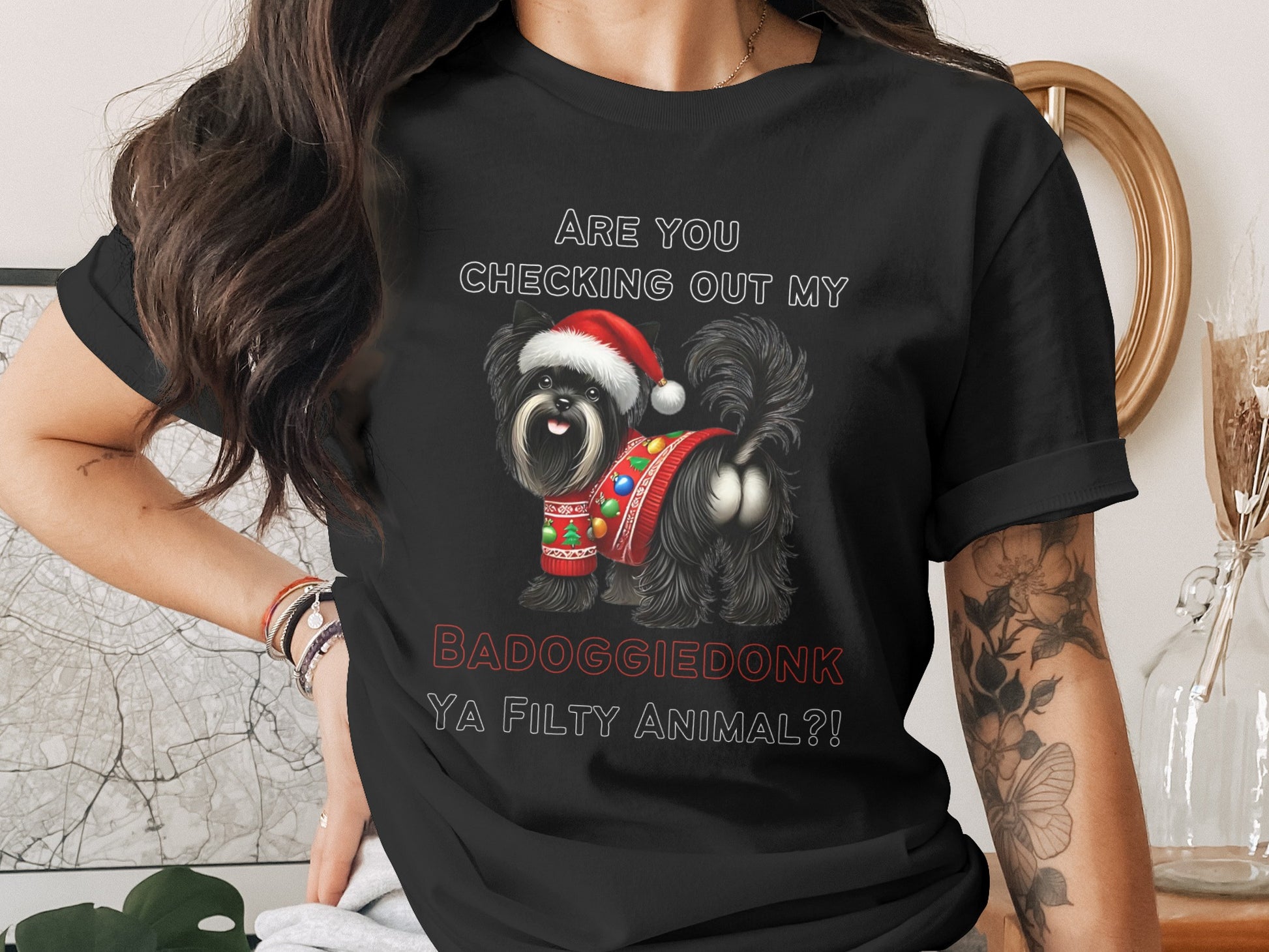 Black t-shirt with a dog wearing a Santa hat and sweater, text reads "ARE YOU CHECKING OUT MY BADOGGIEDONK YA FILTY ANIMAL?!".