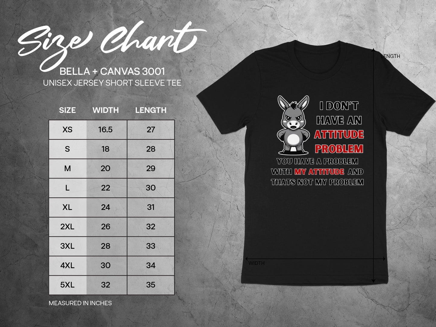 Size chart for Bella + Canvas 3001 unisex short sleeve tee with graphic.