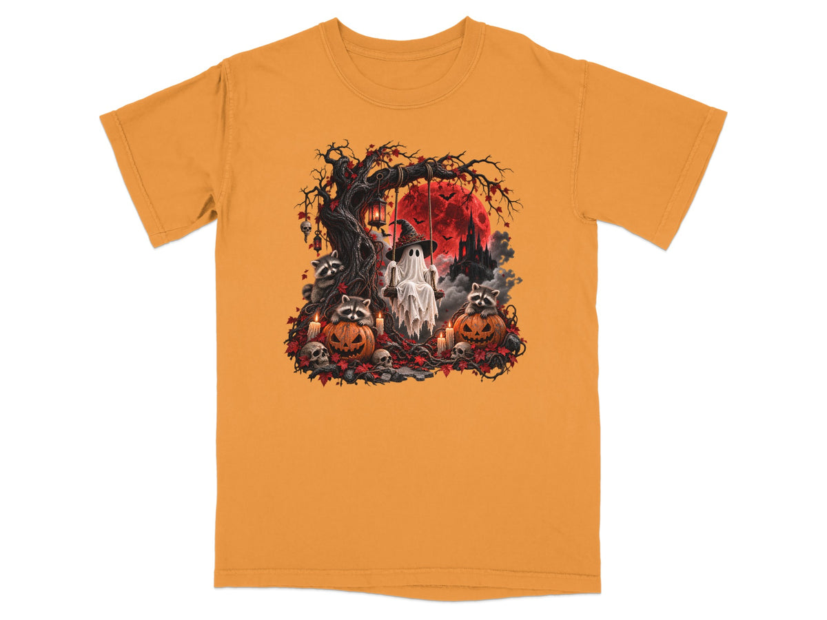 Halloween graphic of a ghost on a swing with raccoons, pumpkins, and a blood moon.