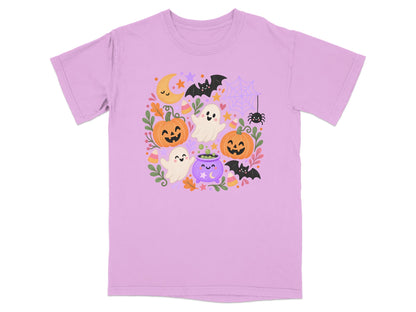 Lavender t-shirt with a Halloween-themed graphic featuring pumpkins, ghosts, bats, and a cauldron.