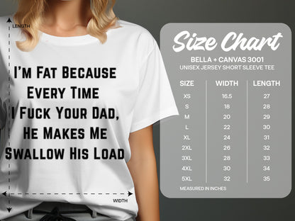 White t-shirt with black text and side-by-side size chart.