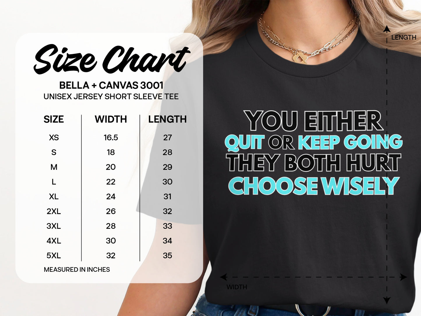 Bella + Canvas 3001 Unisex Jersey Short Sleeve Tee size chart with width and length measurements in inches.