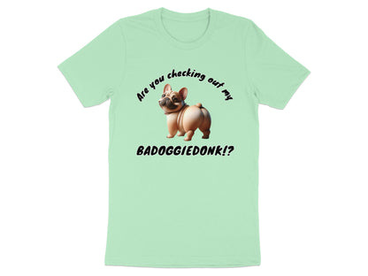 Pale green t-shirt with French bulldog graphic and text.