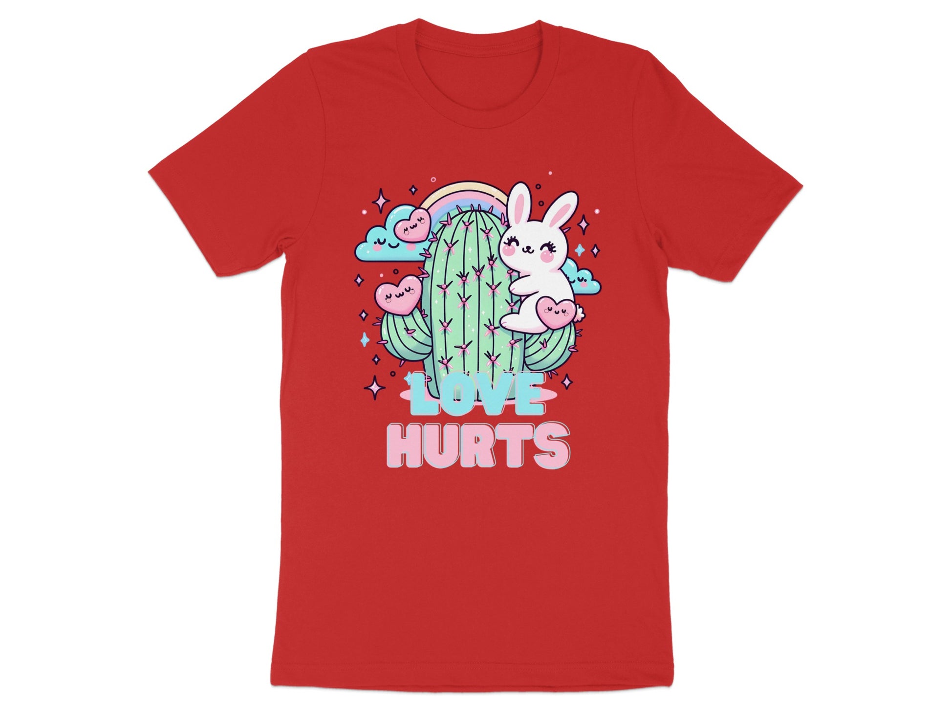 Red t-shirt with a kawaii cactus, bunny, clouds, hearts, and rainbow graphic.