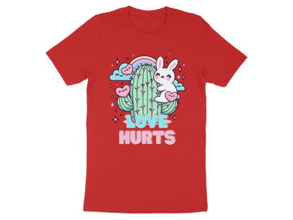 Red t-shirt with a kawaii cactus, bunny, clouds, hearts, and rainbow graphic.