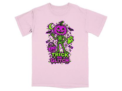 Pink t-shirt with pixelated skeleton, jack-o'-lantern head, ghost, bats, and "Trick or Glitch" text.