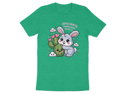 Kawaii bunny hugging a cactus with text "LOVE HURTS, THATS WHY I ENJOY IT."