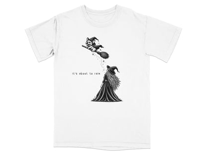 French bulldog in wizard hat flies on broomstick over witch.