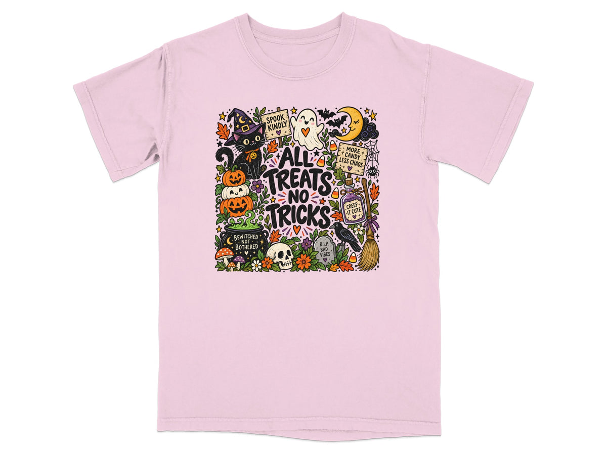 Pink t-shirt with "All Treats No Tricks" Halloween graphic featuring a black cat.