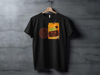 Black t-shirt with a Scrub Nigga CoCoMesh Scrubber 2-pack packaging.